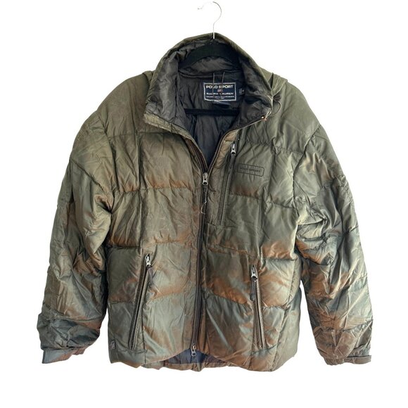 Vintage Polo Sport Ralph Lauren Down Puffer Coat Jacket Green Full Zip Hooded S - Picture 1 of 10